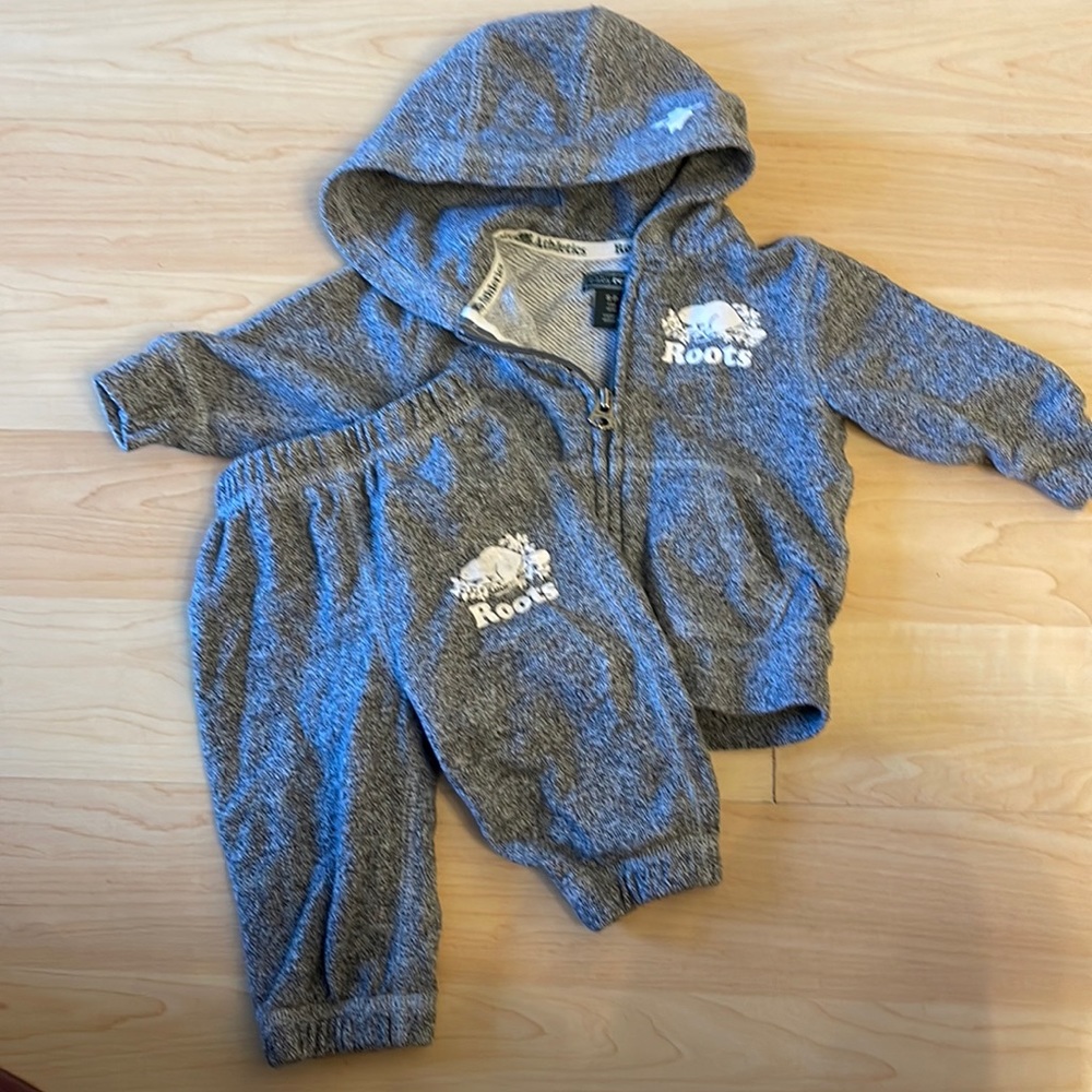 Roots grey marled hoodie and sweat pants.